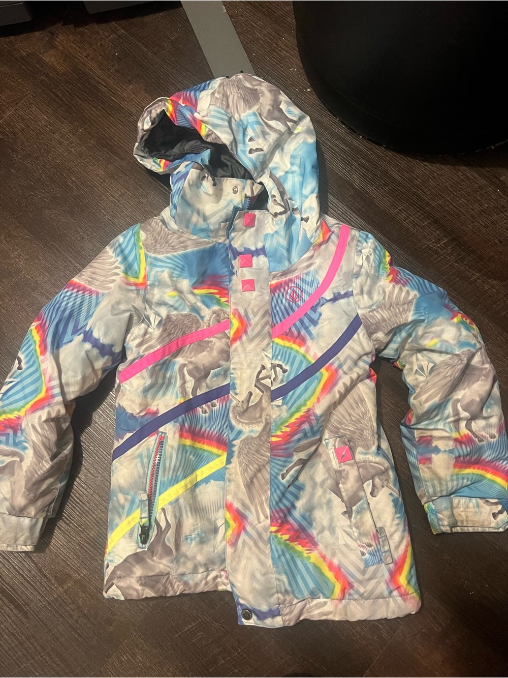 Volcom ski Girls' Rainbow Print Hooded Puffer Jacket - Multi Blue Accents